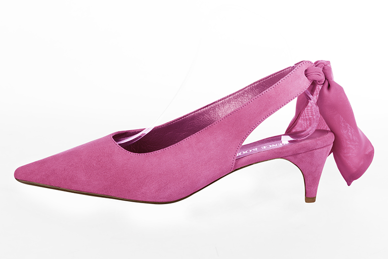 Fuschia pink women's slingback shoes. Pointed toe. Medium slim heel. Profile view - Florence KOOIJMAN
